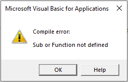 popup message box showing compile error: sub or function not defined