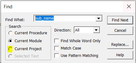 searching for a particular sub in the vba ide