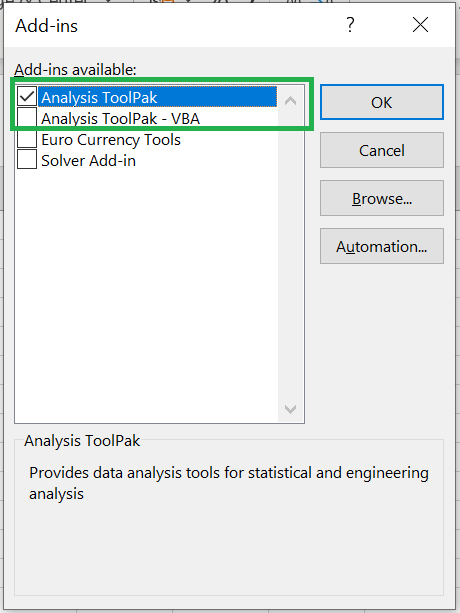 Analysis ToolPak checked