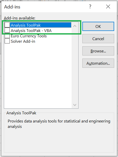 Uncheck the analysis toolpak in add-ins