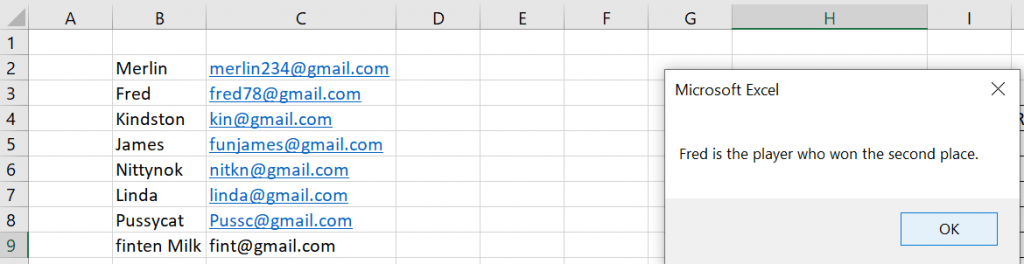 Excel sheet with a message box pop-up that says "Fred is the player who won the second place."